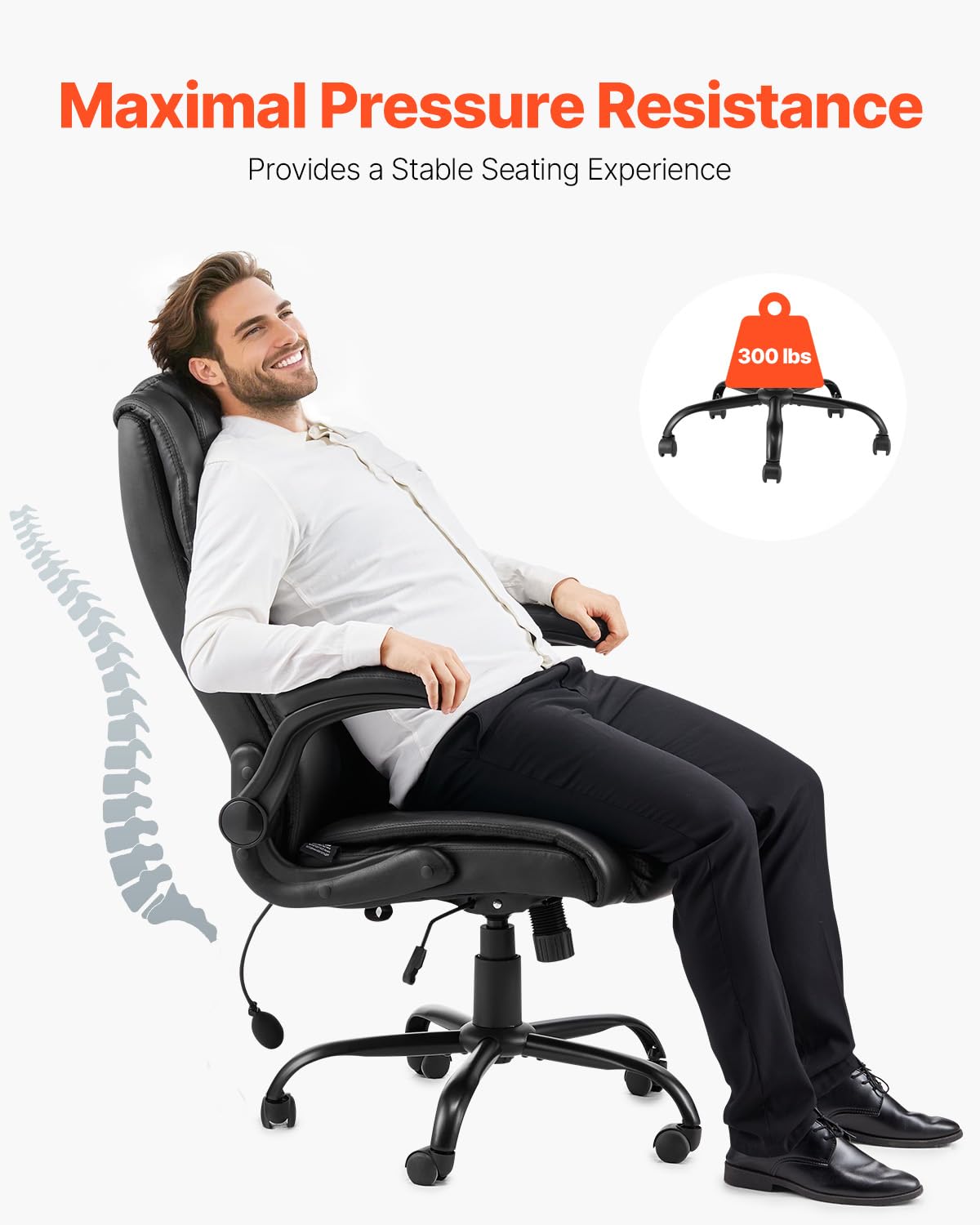 VEVOR Sedia Girevole da Ufficio con Braccioli Ribaltabili Cuscino Lombare, Poltrona Direzionale Ergonomica, Sedile da Ufficio in Pelle PU, Carico max. 136,08 kg Altezza Regolabile, Sedia da Studio