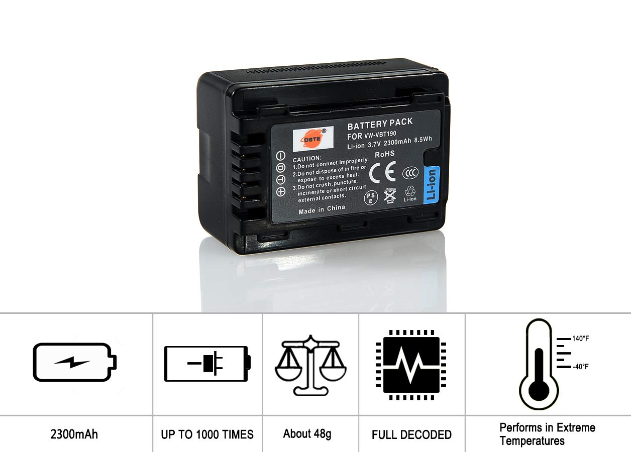 DSTE Ersatz Batterie Li-Ionen-Akku Compatible für VW-VBT190 und Panasonic HC-V270,HC-V380,HC-V510,HC-V520,HC-V520M,HC-V530,HC-V550,HC-V550M,HC-V710,HC-V720,HC-V720M,HC-V727,HC-V730