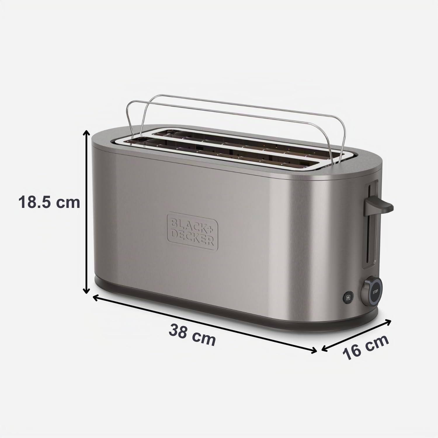 BLACK+DECKER - Tostapane Extra Large 1500W | Fessure 260x42 mm | 7 Livelli di Doratura | 6 Bande Mica Incandescente | 3 Funzioni Integrate | Supporto Pieghevole per Brioches