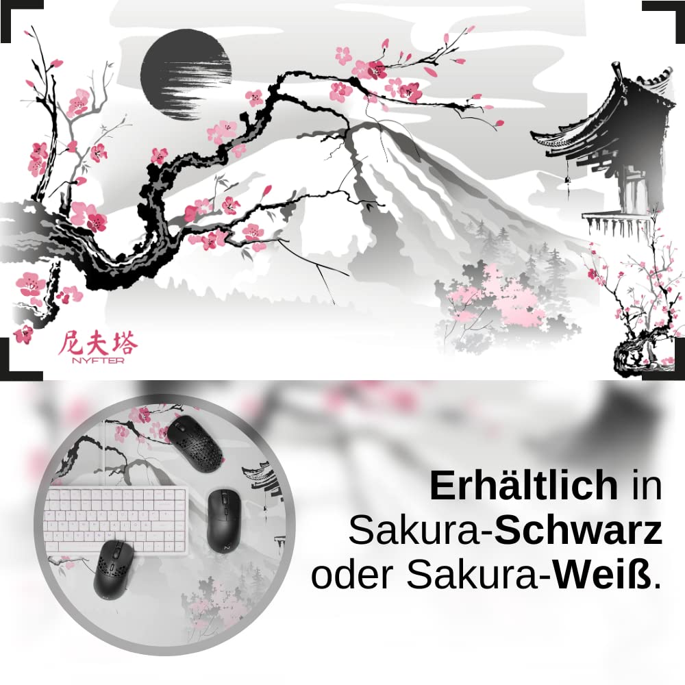 Nyfter - 3XL Gamingowa podkładka pod mysz Sakura, biała, 1200 x 600 mm, Premium Fuji podkładka pod mysz, duże zszyte krawędzie, trwała, z high-end Glide i antypoślizgową podkładką pod mysz Speed
