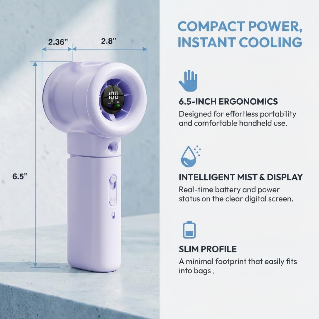 Handheld Portable Fan with Misting, Safety Lock, High Speed & LED Display - Personal Fans Portable Rechargeable, 20000 RPM Turbo Mini Fan for Travel, Outdoor, Home, Office (Purple)
