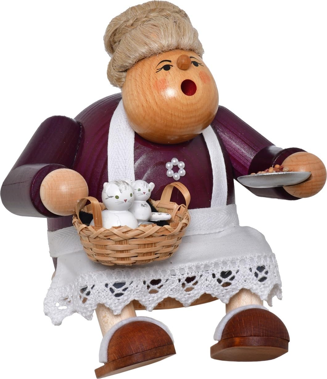 KWO Räucherfrau Kantenhocker Katzenoma - 21419 - Höhe: 15 cm - Handarbeit aus dem Erzgebirge