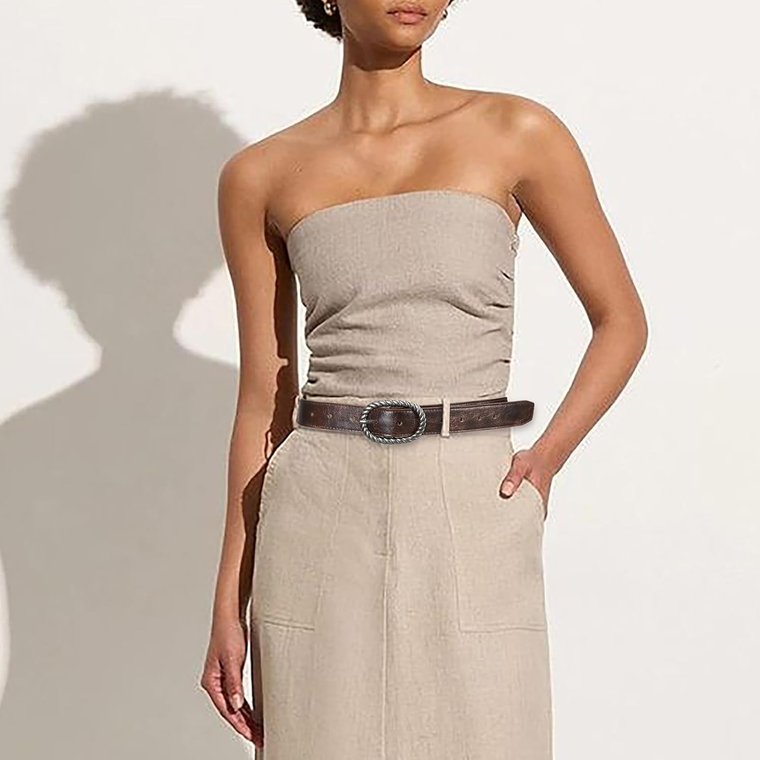 Brown Belt for Women Vintage Silver Buckle Leather Belt Waist Belt for Women Perfect for Jeans Dresses - Image 6