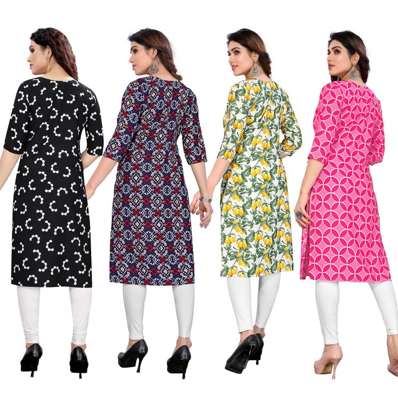 Image of JAKHANA Women's Crepe Printed Casual Straight Calf Length Round Nick Kurta Pack of 4