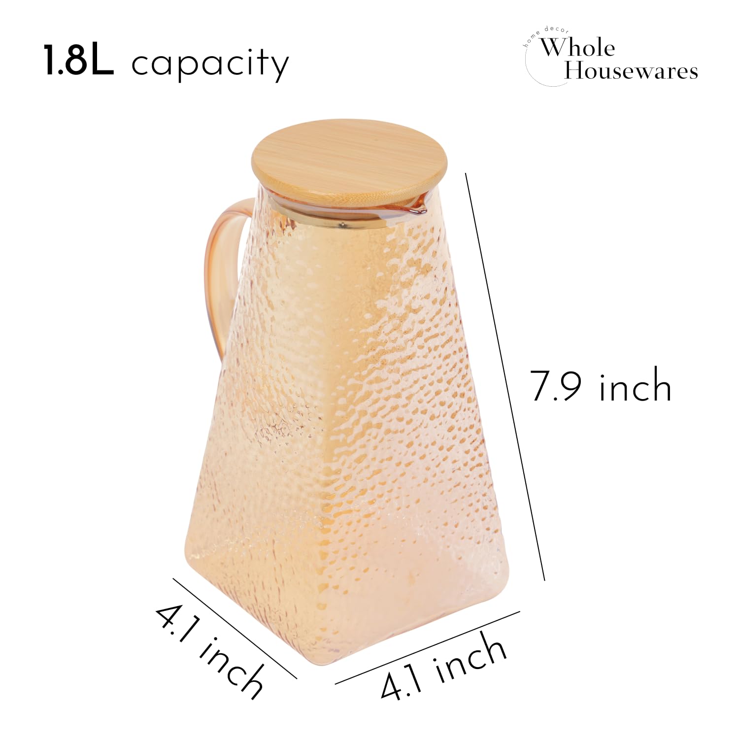 WHOLE HOUSEWARES Amber Glass Pitcher with Stainless Steel Cork Lid, 1.8L Water Carafe for Drinks - Geometric Thick Walls - Ideal for Iced Tea, Margaritas, Juice, Coffee, Sangrias and Wine