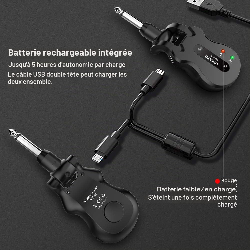 LEKATO 5.8Ghz Guitare Transmetteur sans fil Récepteur Système de guitare sans fil Rechargeable Audio numérique Système de basse Guitare sans fil (Noir)