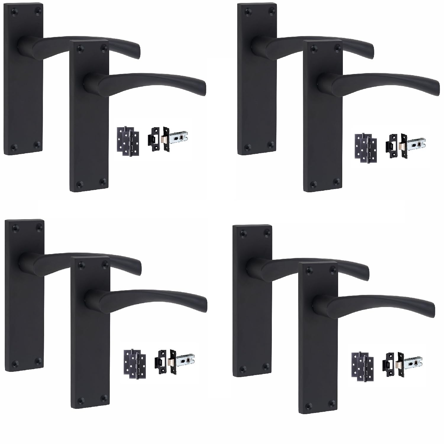 Golden Grace Victorian Scroll Astrid Door Handles Latch in Matt Black with 1 Pair of 3" Ball Bearing Hinges & Latches Pack, 4 Sets - 150mm x 40mm Backplate