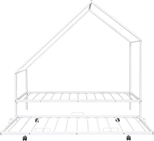 Miniatura 7 de Merax Cama de metal con nido, cama de casa de tamaño individual con techo y listones de metal