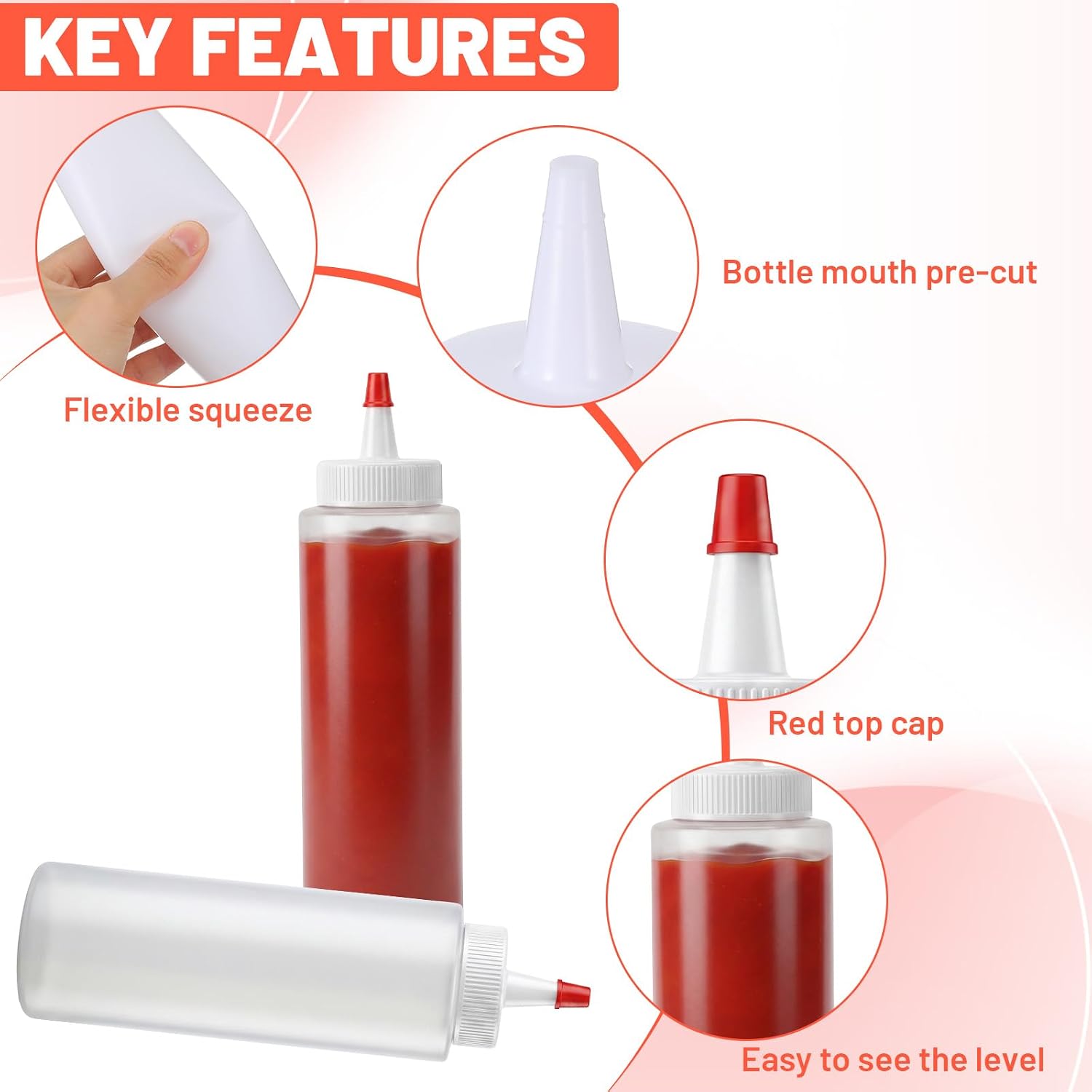 24 Pack 8.5 oz Plastic Condiment Squeeze Bottles with Red Tip Cap Squirt Bottle for Sauces Oil Vinegar BBQ Ketchup Dressing Syrup Clear Leakproof