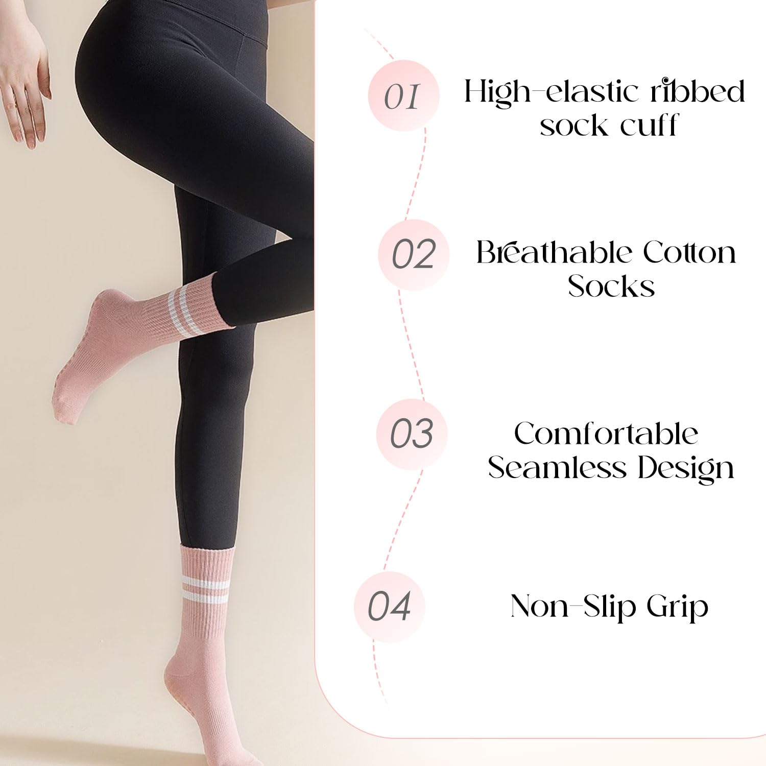 BendJoy® 3Pairs Yoga Socks for Women Anti Skid, Breathable Cotton Socks, Long Pilates Socks for Gym, Yoga, Football, Dance 1
