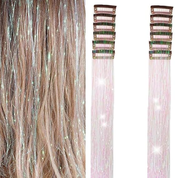 Hair Tinsel 12 Pcs Clip in Hair Tinsel Kit for Girls 22 Inch Glitter Fairy Tinsel Hair Extensions Colorful Heat Resistant Party Festival Accessories for Women Kids (Glare White)