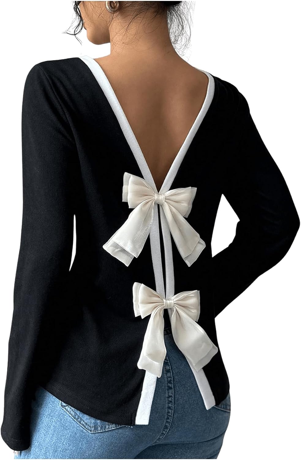 GORGLITTER Women's Bow Open Back T Shirt Backless Long Sleeve Colorblock Crewneck Spring Trendy Going Out Tee Tops