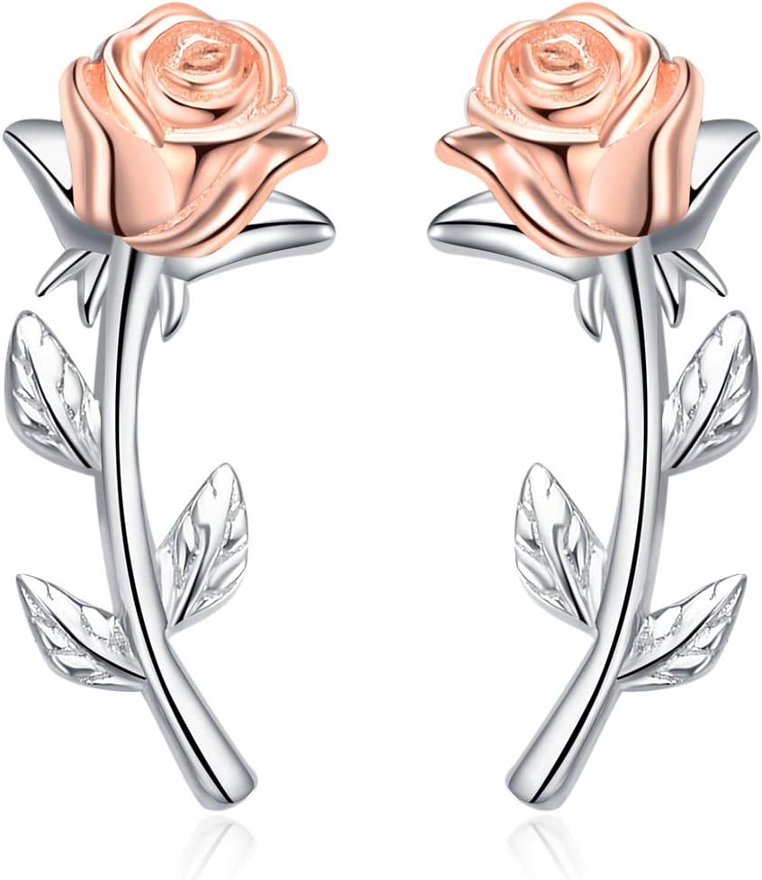 YFN Rose Stud Earrings 925 Sterling Silver Rose Flower Earrings Ear Crawler Climber Earrings for Women Jewelry