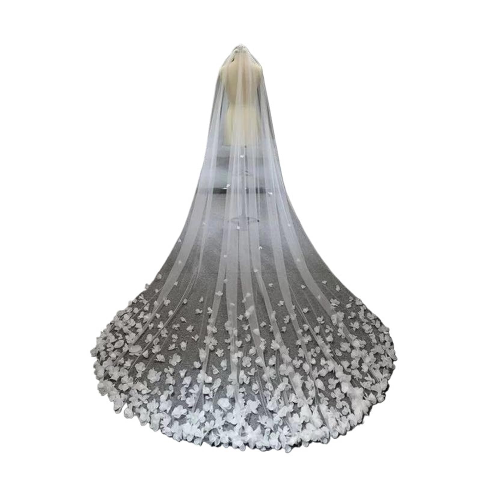 Elfenbeinfarbener Kathedralen-Hochzeitsschleier, 1-lagiger Brautschleier mit 3D-Blumenspitze und Blütenblättern, eleganter Schleier mit Kamm