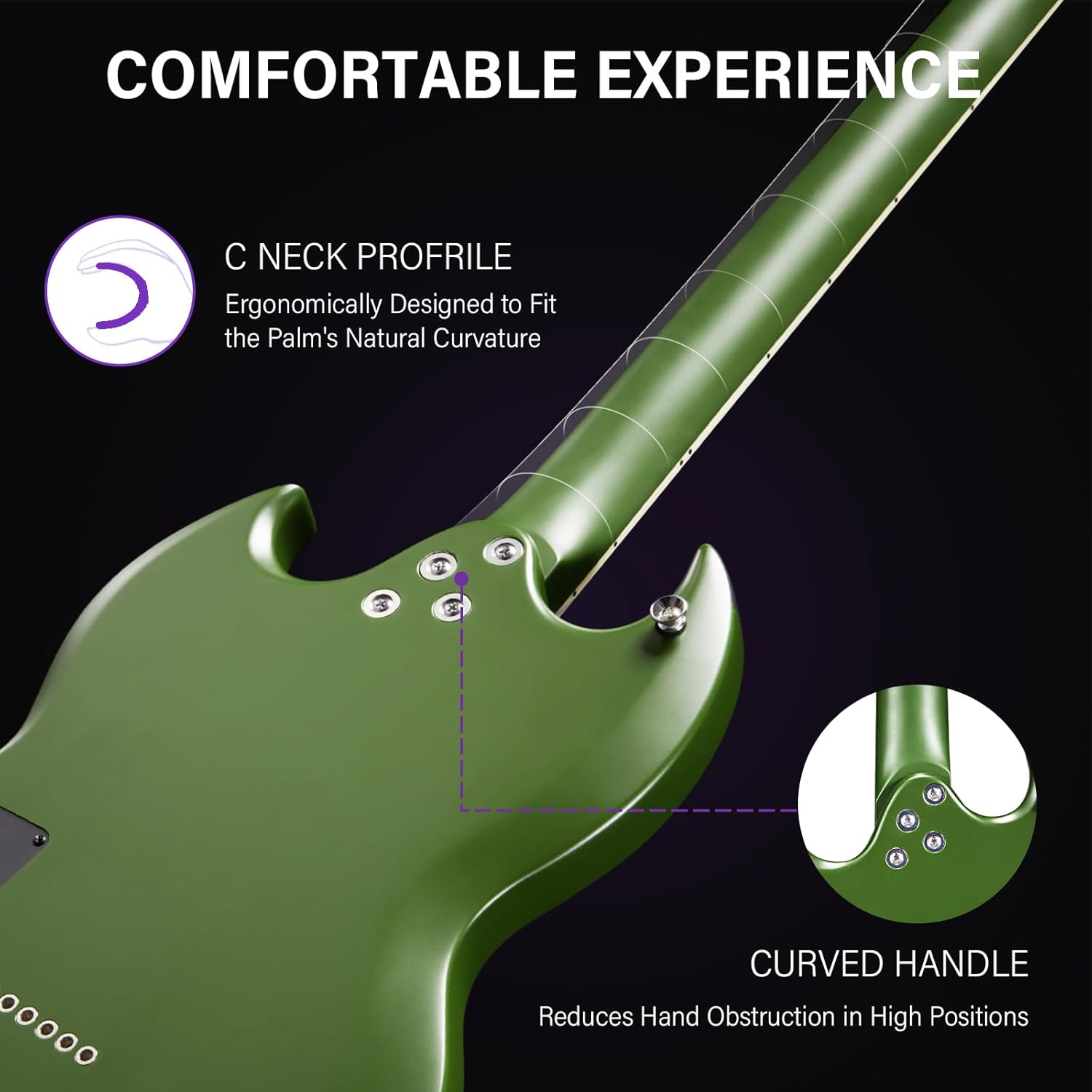 Close-up of Fesley Electric Guitar Model 350 neck joint and C-shaped neck profile for comfortable high-fret access.