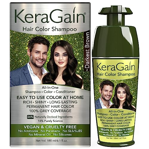 KeraGain Hair Colour Shampoo (Darkest Brown,180Ml) – PPD & Ammonia Free Hair Color For Women &Men|Permanent Hair Dye Shampoo with 100% Grey Coverage Up To 8 Weeks|Argan Oil,Onion Oil&Vegan Keratin