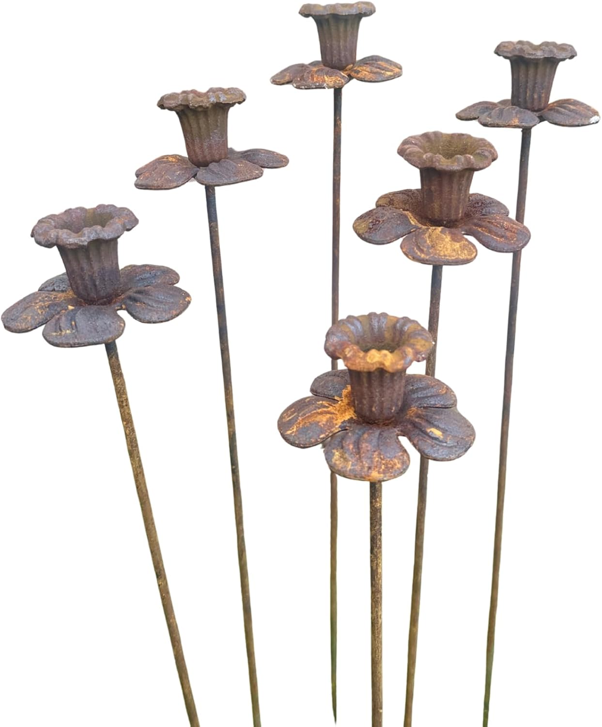 Rusty Metal Narcissus Set of 6, Rustic Bell-Shaped Flower Décor, Metal Flower Garden Stake, Gardening Gift
