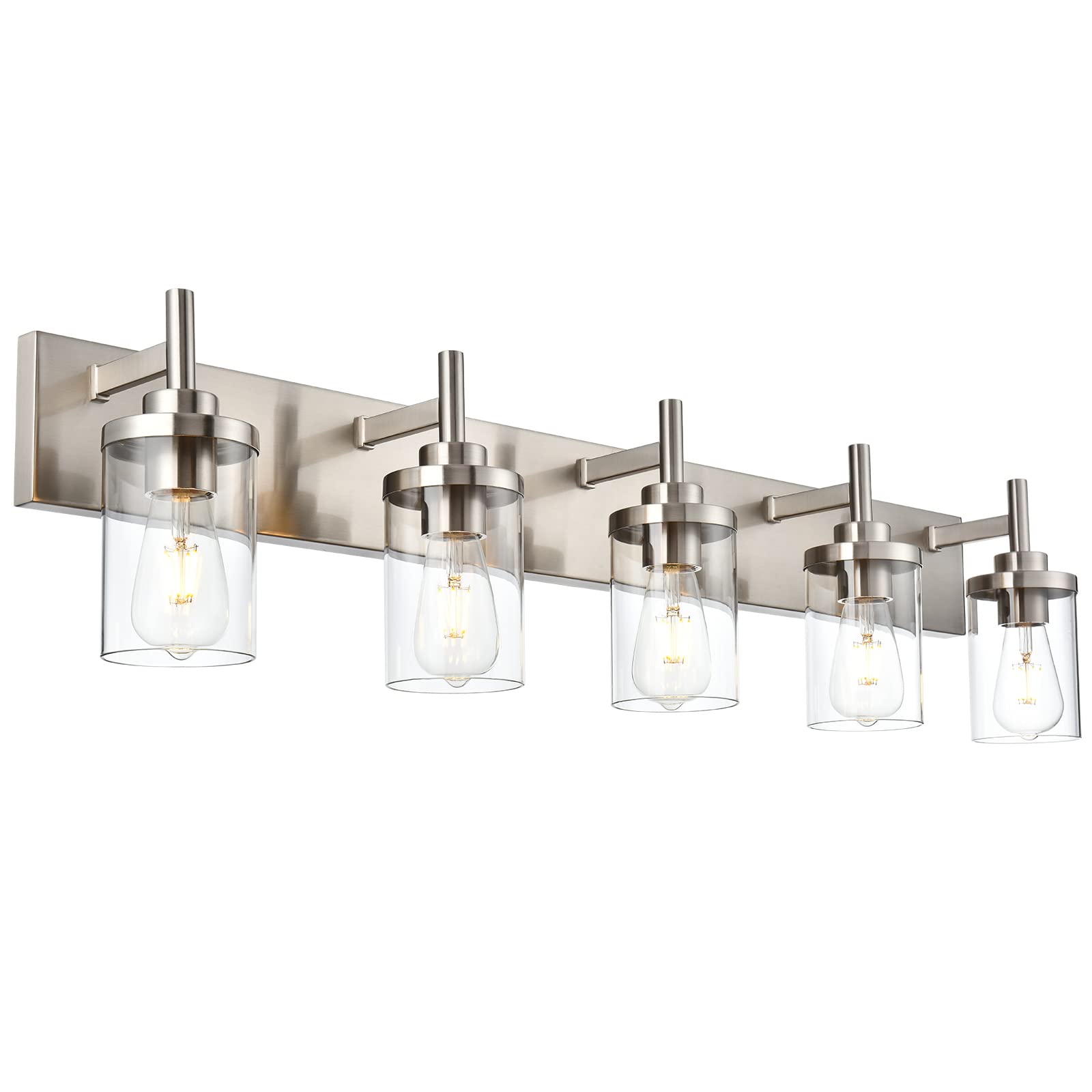 QueeuQ Brushed Nickel Bathroom Vanity Light Fixtures Over Mirror 5 Lights Bathroom Wall Lighting Fixtures with Clear Glass Shade Wall Mount Lighting