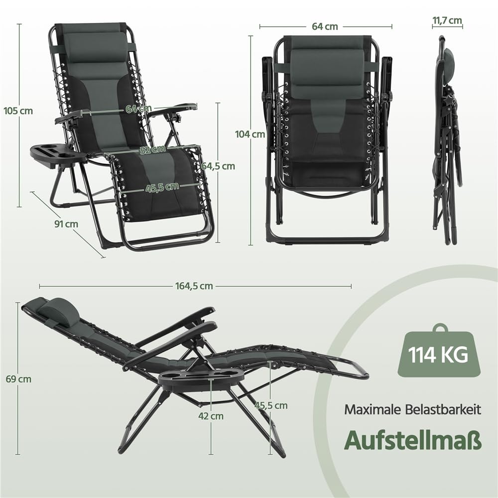 Yaheetech Sonnenliege Klappbar Wetterfest, Ergonomisches Gartenstuhl Gartenliege mit Verstellbarer Rückenlehne, Relaxliege inkl. Nackenkissen & Getränkehalter, Schwarz & Grau | Ergonomisches Gartenstuhl Gartenliege Relaxliege inkl. Nackenkissen & Getränke