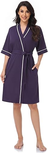 Miniatura 4 de COLORFULLEAF Bata corta de bambú para mujer, ligera, de algodón, de punto suave, con bolsillos