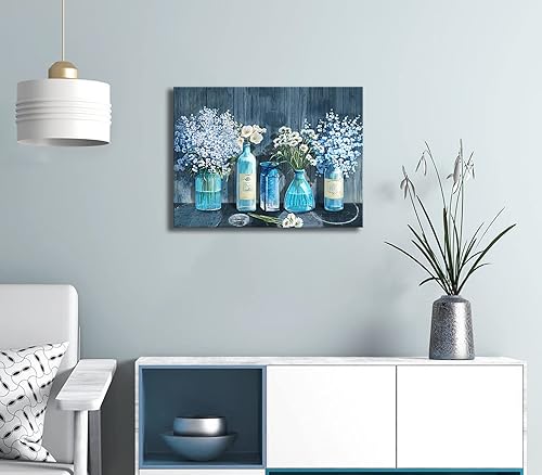 Miniatura 3 de HKDGOKA Lienzo decorativo de pared para dormitorio, flor blanca en botella azul, cuadros para sala de estar, galería moderna, lienzo estirado de 16