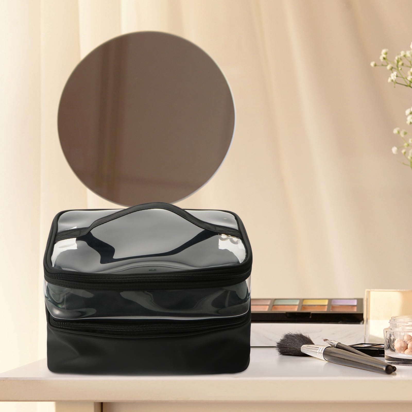 Lurrose Borsa Cosmetica Borsa da Toilette da Viaggio Doppio Strato in Pu e Plastica, Grande Capacità, Nera, per Viaggi di Lavoro e Uso Familiare