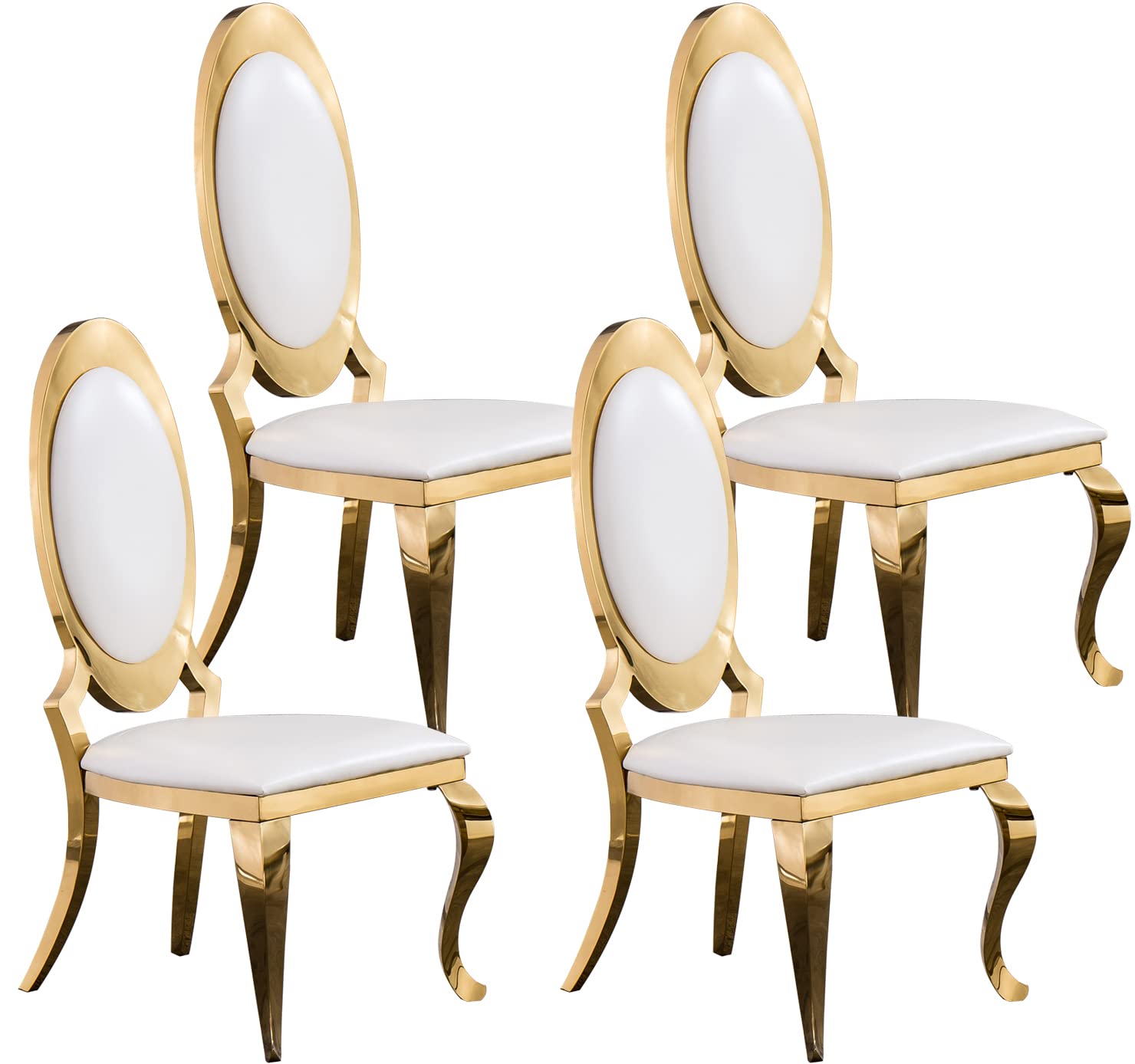 Goderfuu Dining Chairs Set of 4 - Beige White Leather Upholstered Dining Chairs with Gold Stainless Steel Legs, Kitchen Dining Room Chairs with Oval