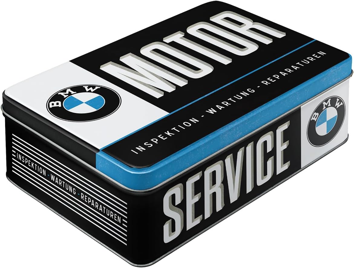 Retro Storage Tin Box Flat, 84.5 oz, official license product (OLP), BMW – Service – Gift idea for car accessories fans, Metal Can with Lid, Decorative vintage design