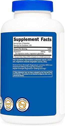Miniatura 5 de Nutricost Magnesio + Extra Strength 420 mg, 240 cápsulas 120 porciones. Óxido de magnesio y glicinato Sin OMG, sin gluten, vegano (paquete de 2)