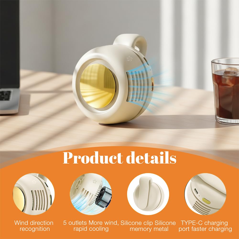 Mini ventilatore con clip, portatile, silenzioso, senza pale, 900 mAh, con clip in vita, 3 velocità, per ufficio all'aperto (bianco crema)