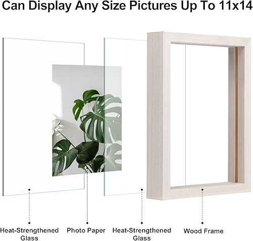 Miniatura 6 de Egofine Juego de 2 marcos flotantes de 11 x 14 pulgadas, marco de fotos de doble cristal, hecho de madera maciza, fotos de cualquier tamaño de hasta