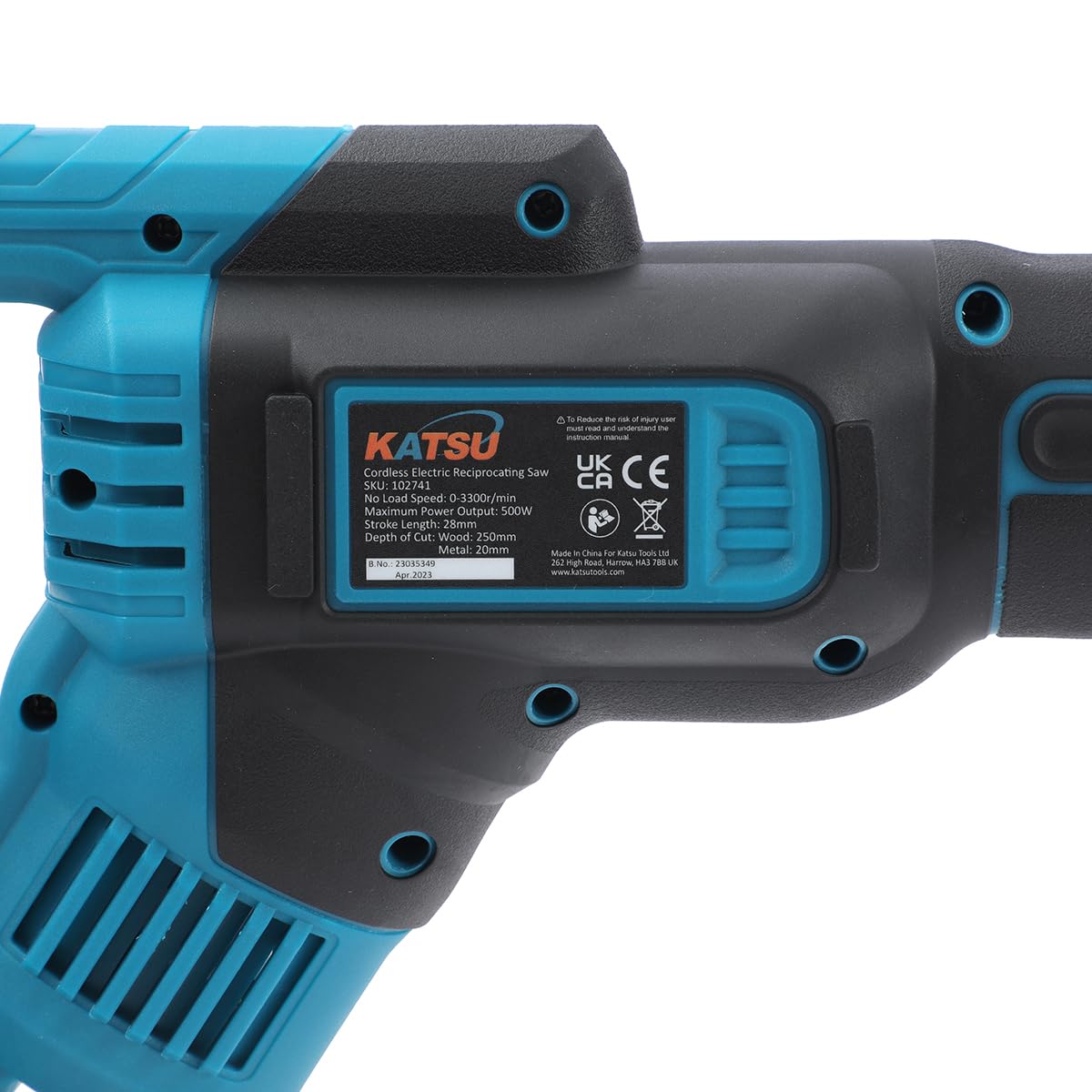 KATSU FIT-BAT 21V Sierra de Sable Inalámbrica con 3,0 Ah Batería y Cargador, 4 Hojas de Sierra, 28mm Longitud de Carrera, Velocidad Variable, para Poda de Corte de Metal y Madera