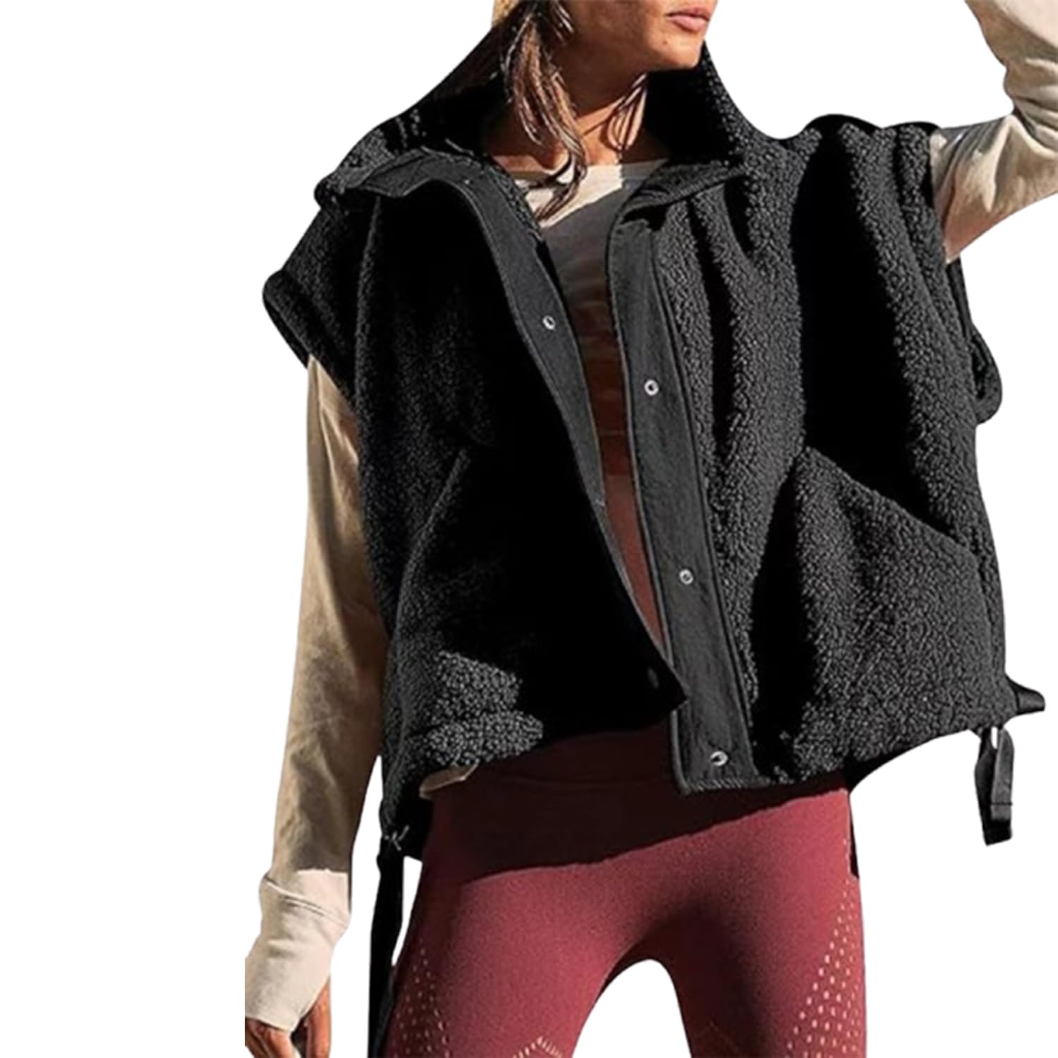 VNDUIFH Women's Oversized Fleece Vest, Sleeveless Sherpa Vest, L, Black