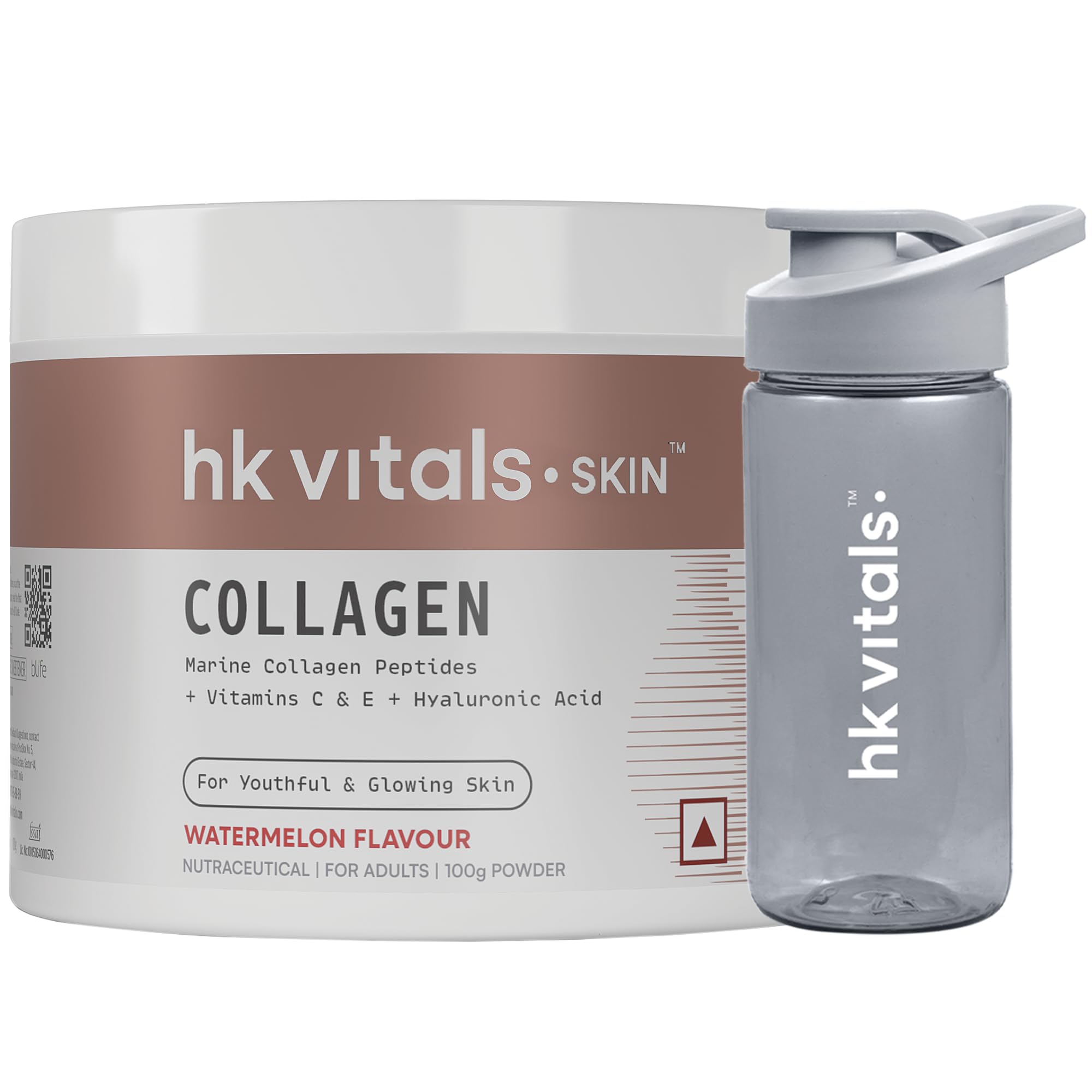HealthKart hk vitals Skin Radiance Collagen Powder, Marine Collagen (Watermelon, 100 g) Collagen Supplements with Biotin for Healthy Skin, Hair & Nails with Sipper Bottle (Teal, 300 ml)