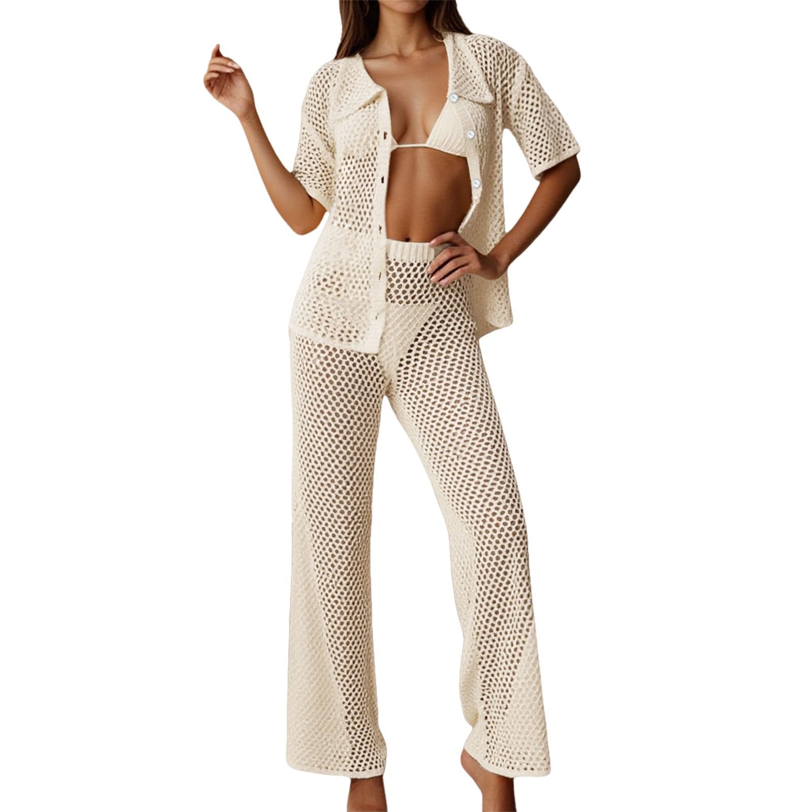 Generico Copri Costume da Spiaggia Donna Completo da Spiaggia all'Uncinetto Donna Due Pezzi con Top a Bottoni e Pantaloni Larghi Eleganti