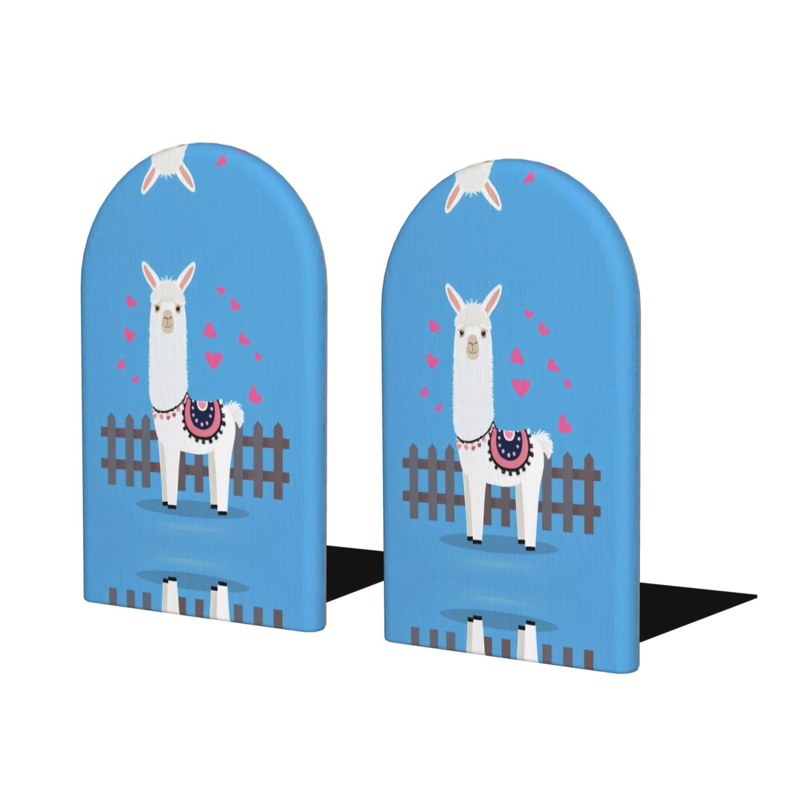 Cute Alpacas Stylish Bookends with Full-Print Design Durable Wooden and Metal Bookend Set for Home, Office