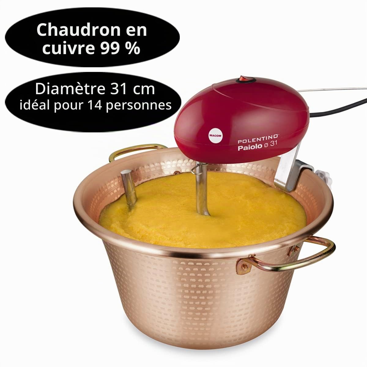 Macom 851-31 Machine pour Polenta avec Chaudron en cuivre de Ø 31 cm de diamètre, avec Pale et Moteur