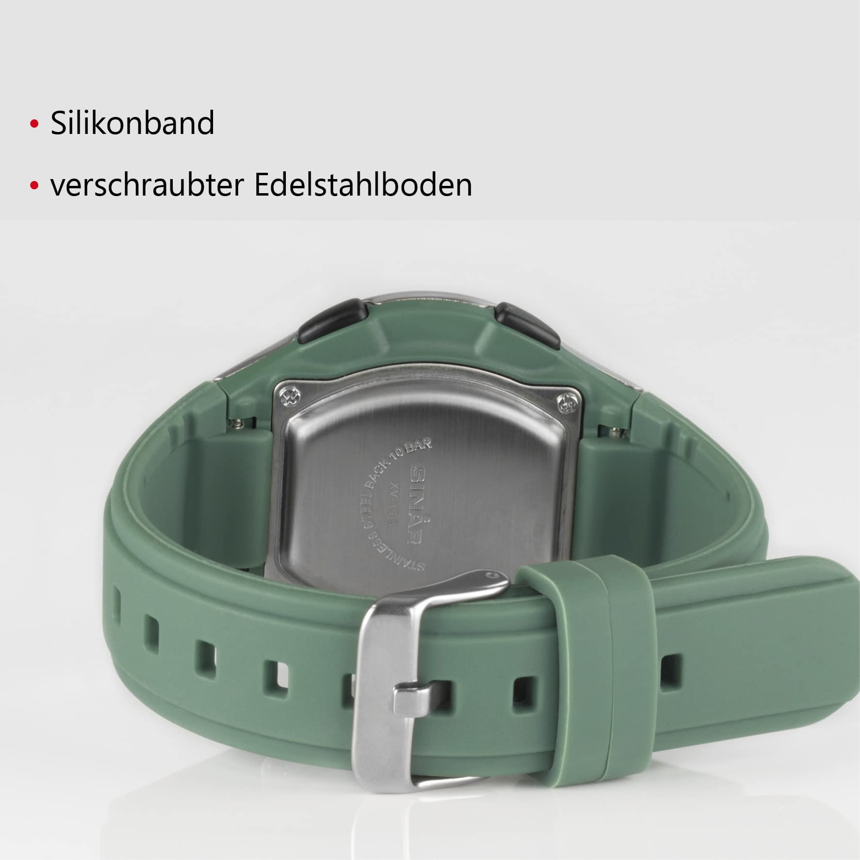 SINAR Zegarek damski męski młodzieżowy zegarek na rękę unisex zegarek sportowy outdoor cyfrowy kwarcowy 10 bar z silikonowym paskiem, 5 alarmów i światła khaki zielony XV-19-3