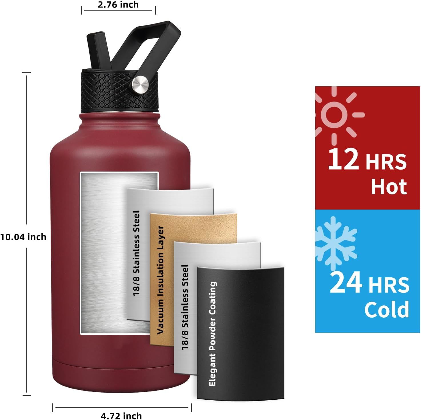 Insulated Water Bottle 64oz,Triple Wall Vacuum Stainless Steel(Dishwasher Safe),Leak Proof & Non-BPA,Flask Jug with Paracord Handle & Straw Spout Lids Sports Red - Image 2