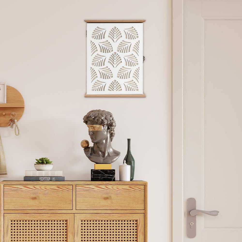 Schlüsselkasten Holz, Vintage Schlüsselbox mit 6 Schlüsselhaken Weiß Schlüsselschrank Geometrisches Hohles-Design Geeignet für Eingangsbereich Wohnzimmer Flur Büro kleine Gegenstände
