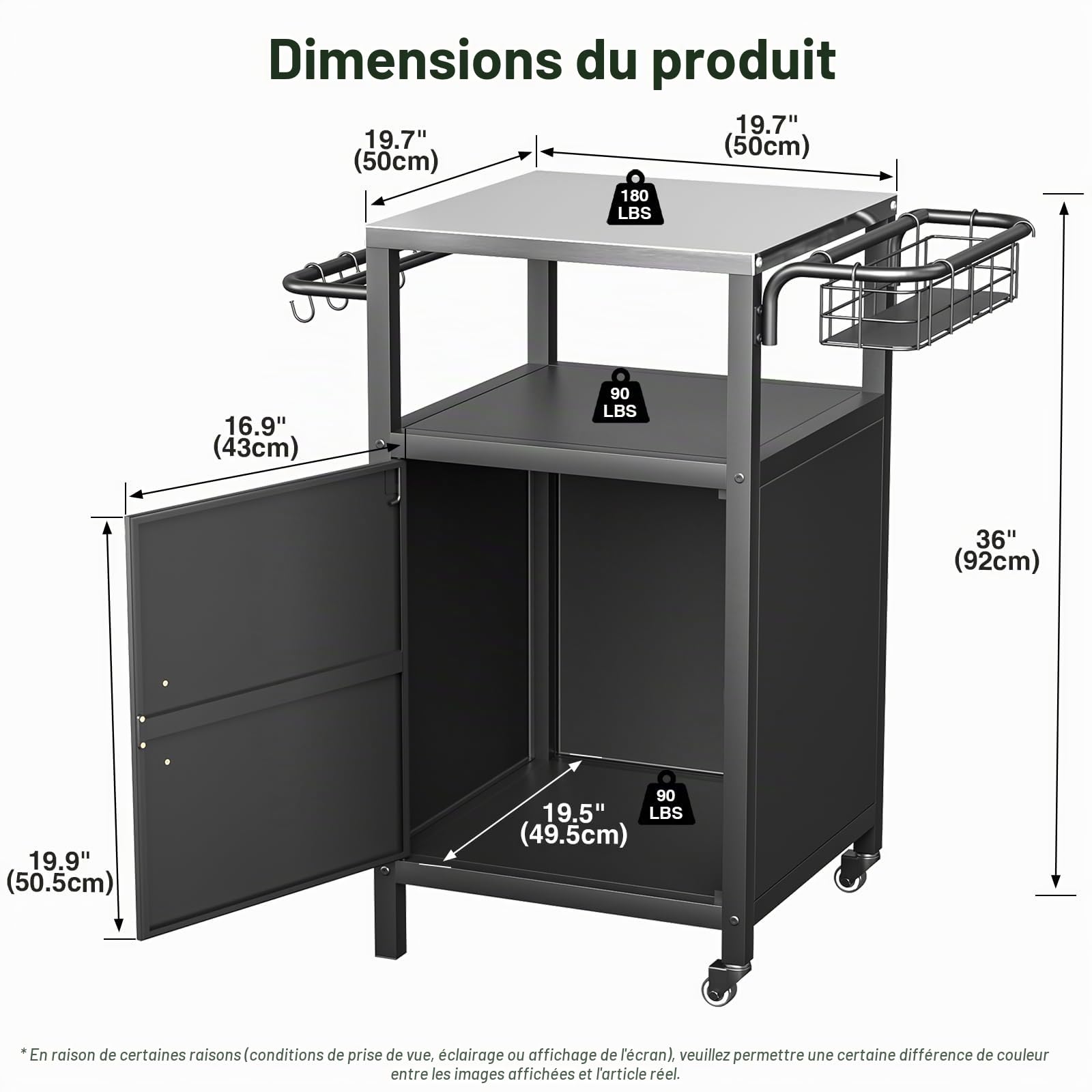 Chariot de Barbecue, Table de Barbecue, Table d'appoint avec 2 roulettes, résistant aux intempéries, Multifonction, en Acier Inoxydable, pour Barbecue et Jardin