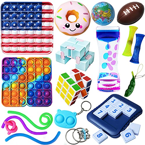Sensory Fidget Toys Set, Simple Dimple Figetget Toys Pack Stress Relief Anti-Anxiety Push Pop Bubble Squishy Squeeze Fidgets Box Miniature Novelty Toy for Autistic ADHD Kids Adults