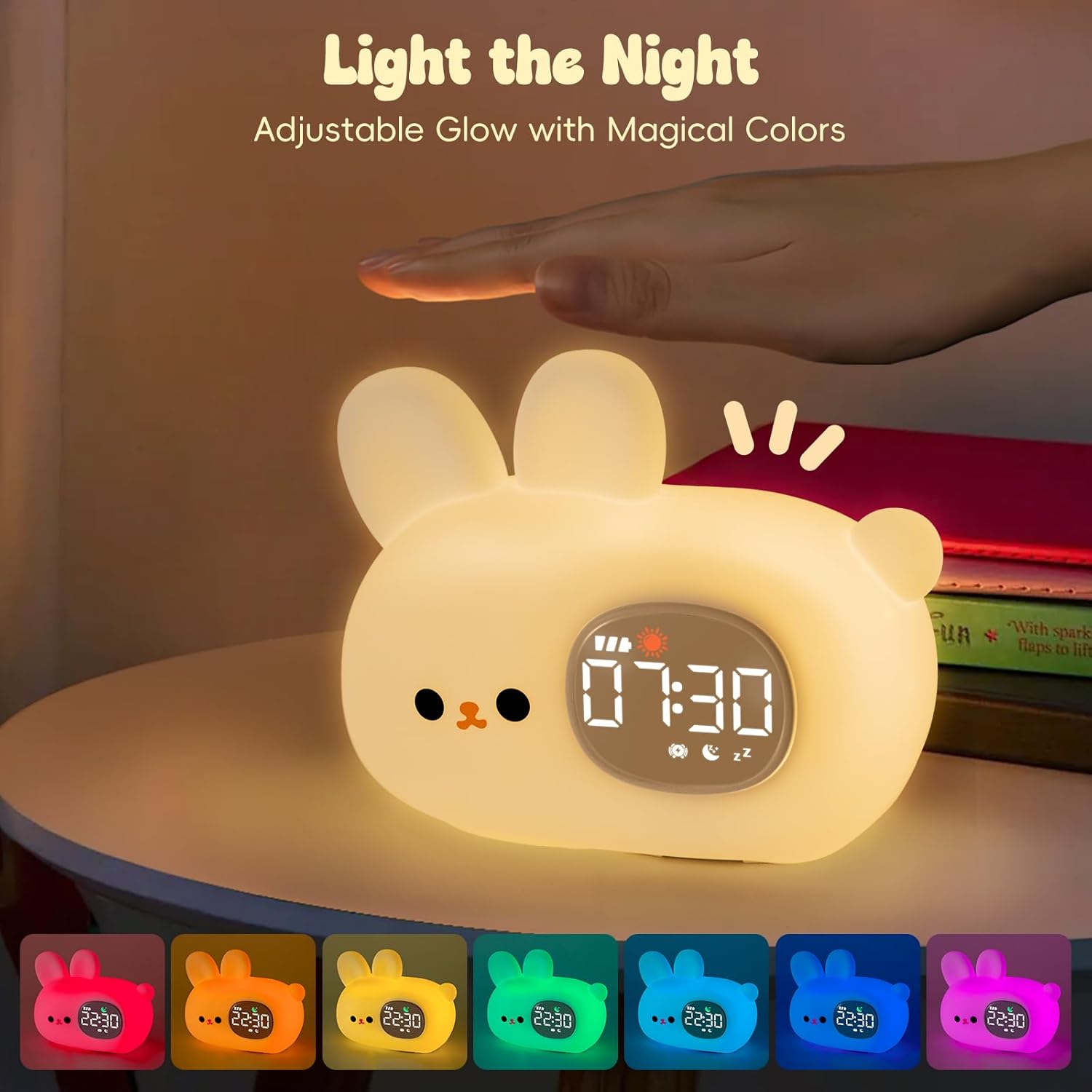 Bunny Alarm Clock with Night Light for Kids with Sleep Training and Sound Machine, Rechargeable Silicone Lamp OK to Wake Clock，Cute Animal Tabletop Lamp, Perfect Sleep Companion for Boys Girls