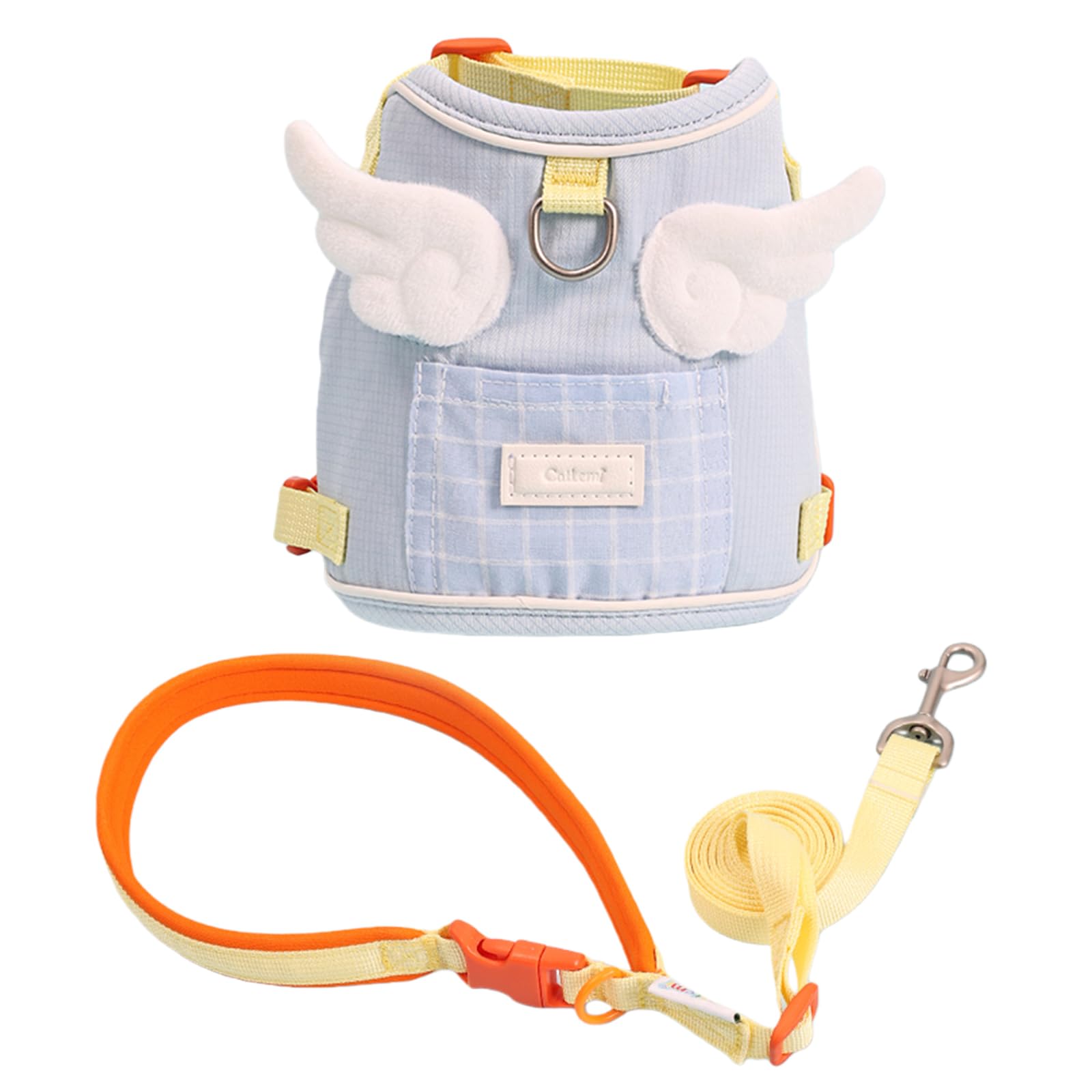 Duuclume Adjustable Cat Harness and Leash Set with Pocket - Angel Wing Vest, Lightweight Soft Mesh Escape-Proof Walking Harness for Cats Outdoor (Yellow Blue)