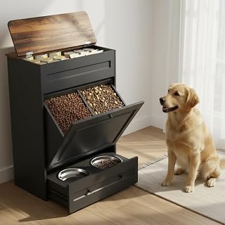 Dog Feeding Station with Storage Cabinet, Hidden Elevated Bowls for Medium & Large Dogs, Dog Food Cabinet Organizer with Hooks for Pet Supplies, Slow Feeder & Stainless Steel Bowls (Black)
