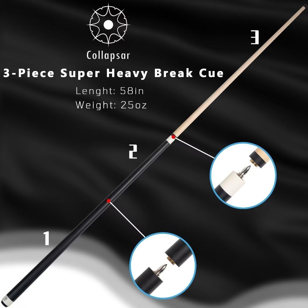 Collapsar Heavy Hitter Jump Break Cue,25oz 3 Piece Pool Cue 14mm Phenolic Tip,25-Ounce Billiard Pool Stick