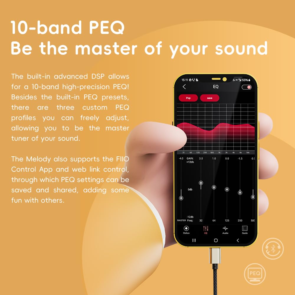 FiiO Snowsky Melody Amplificatore per cuffie DAC portatile con uscite per cuffie da 4,4 mm e 3,5 mm, supporto DSD256, PEQ a 10 bande per Android/iOS/Mac/Windows (Macle)