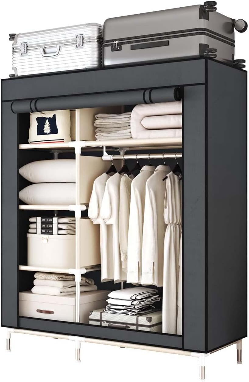 portable wardrobe closet durable and easy to assemble heavy duty clothes rack with non-woven cover fabric best for bedroom and easy storage and organization (grey-c)