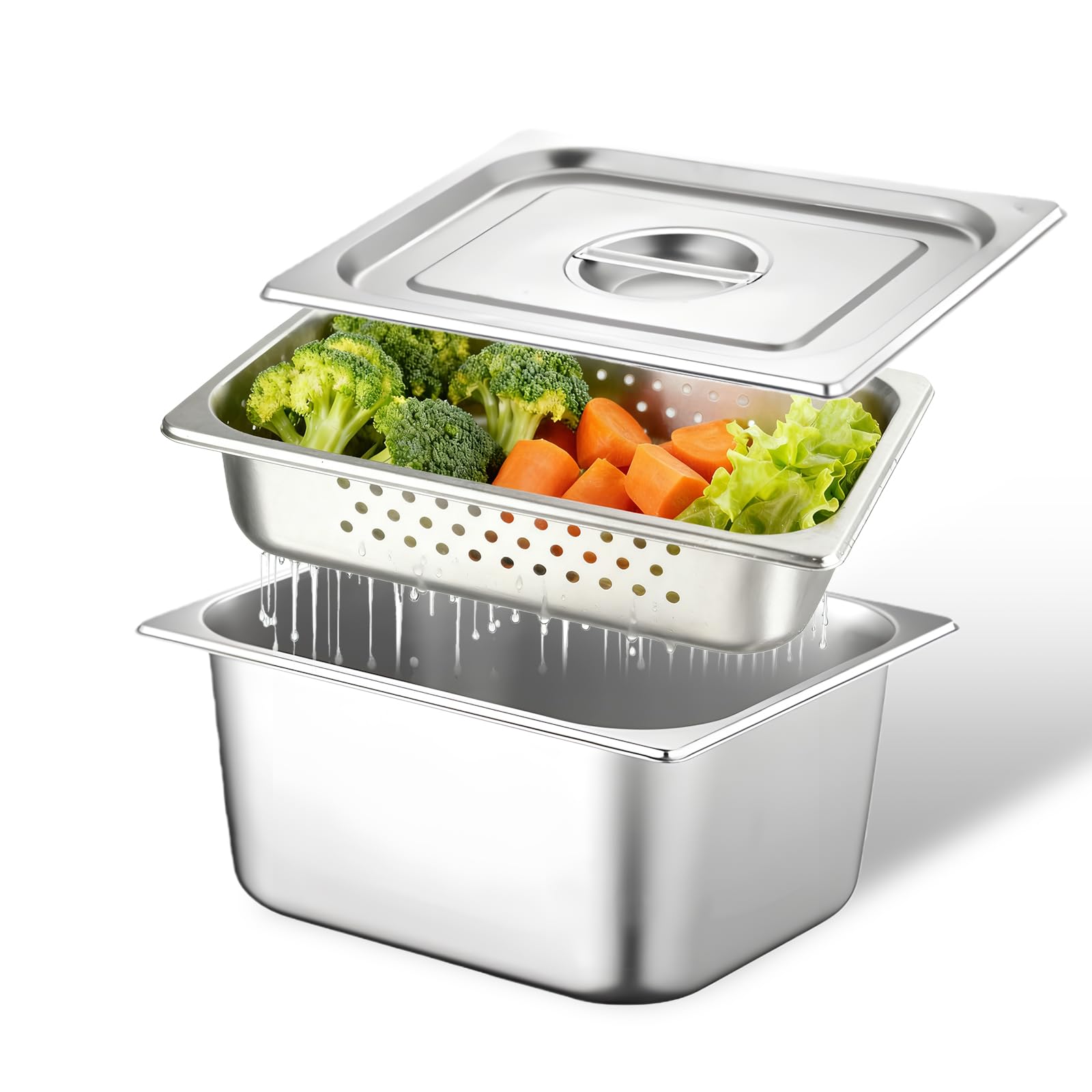 Juego de bandejas para empanar, recipiente gastronorm, recipiente gastronorm, acero inoxidable, 32,5 x 26,5 x 10 cm, sartén de acero inoxidable con orificios y tapa para escurrir o como bandeja de