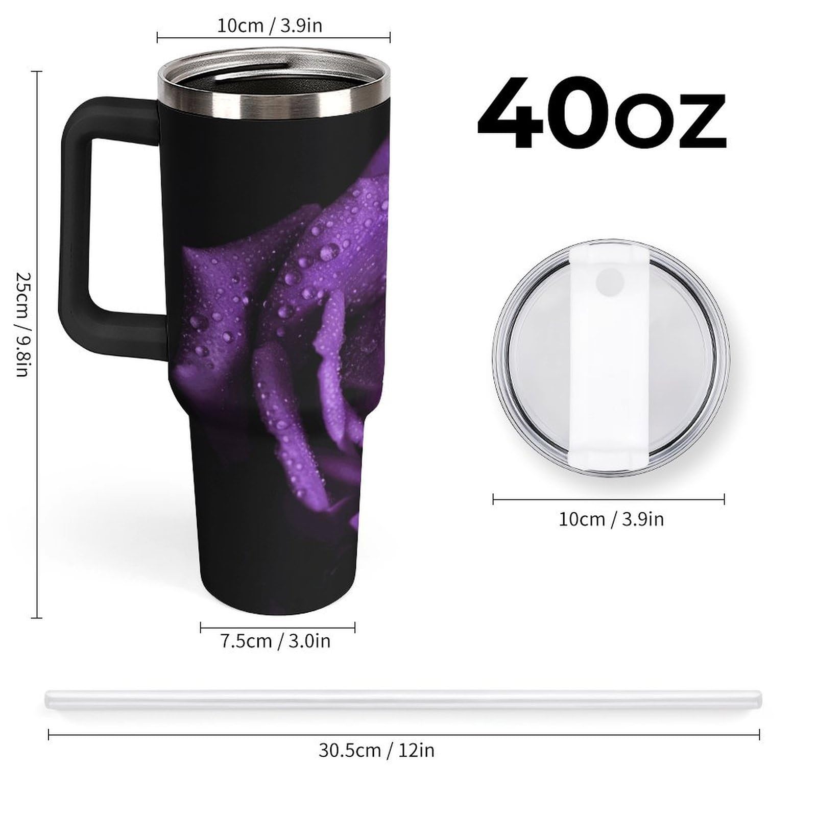 Tazas de rosa morada con popote y asa, taza de café con aislamiento al vacío de doble pared, botellas de agua para café helado, té, bebida caliente y fría